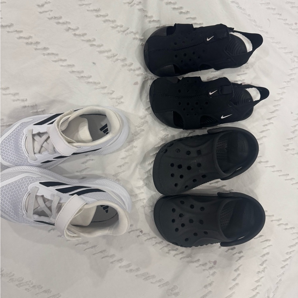 3 pairs size 8k & 9 toddler shoes/ sandals (NIKE/ ADIDAS/ CROCS)